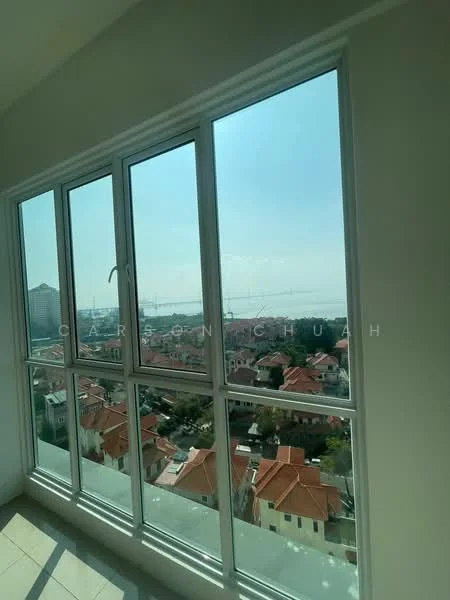 Room features: floor-to-ceiling windows, city view, sea view, white walls, tile flooring; style: modern; view: city.