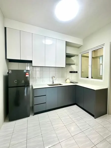 Kitchen features: white upper cabinets, grey lower cabinets, white countertop, stainless-steel sink, chrome faucet, built-in stove, refrigerator, tile backsplash, white tiled flooring, window with view to outside, overhead lighting; style: modern.