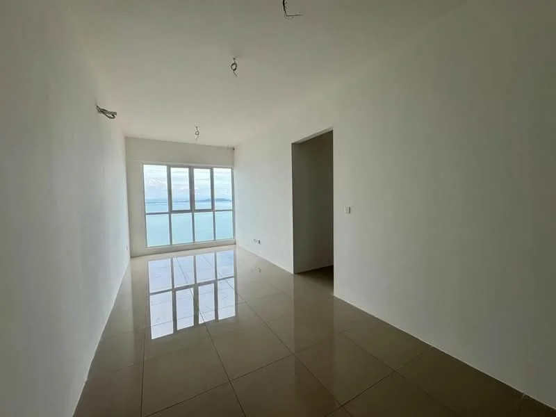 Room features: white painted walls, glossy ceramic tile flooring, floor-to-ceiling windows, ocean view, recessed downlights, neutral ceiling, open layout, natural light; style: modern; view: sea.