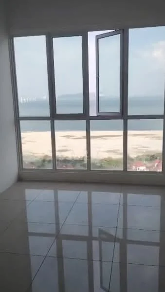 Room features: floor-to-ceiling windows, white painted walls, glossy tile flooring, sea view, natural light, open layout; style: modern; view: sea.