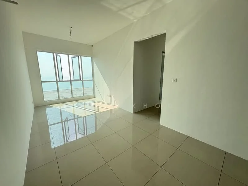 Room features: white painted walls, glossy tile flooring, floor-to-ceiling windows, natural light, view of the sea, high ceiling, minimalist design, neutral color palette; style: modern; view: sea.