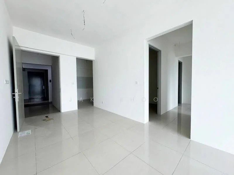 Room features: white painted walls, glossy ceramic tile flooring, multiple doorways, open layout, neutral color scheme, no visible furniture, ceiling with exposed wiring, natural light from openings; style: modern.