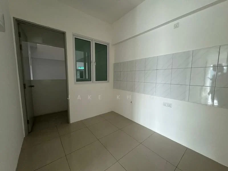 Room features: white painted walls, light grey tiled flooring, single window with white frame, wall tiles with white and grey pattern, corner space, no visible furniture, neutral lighting; style: modern.
