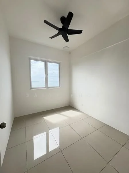 Room features: white painted walls, glossy ceramic tile flooring, 5-blade ceiling fan in black, floor-to-ceiling window, natural light from window, view of the sky; style: modern; view: sky.
