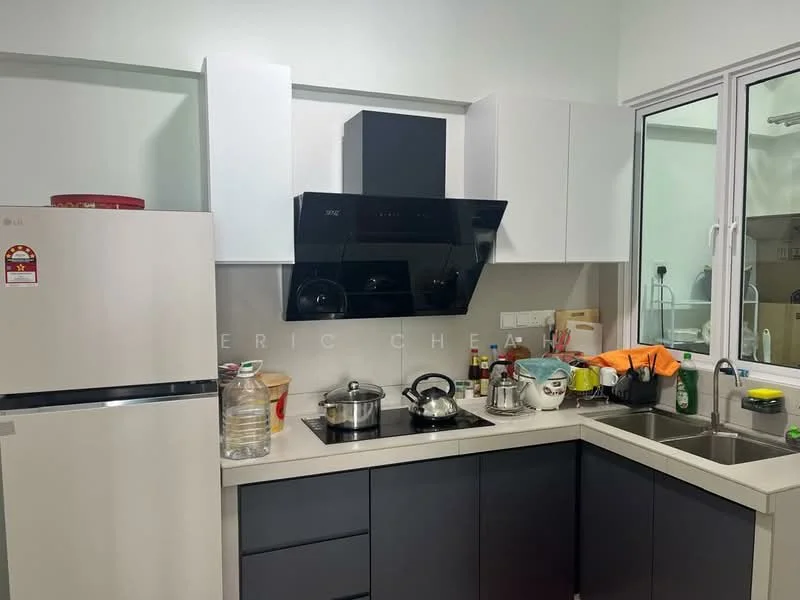 Kitchen features: white upper cabinets, dark grey lower cabinets, stainless-steel fridge, built-in black range hood, ceramic cooktop, double-bowl stainless-steel sink, chrome pull-down faucet, countertop with light grey surface, window with white frame, various cooking utensils and appliances on countertop; style: modern.