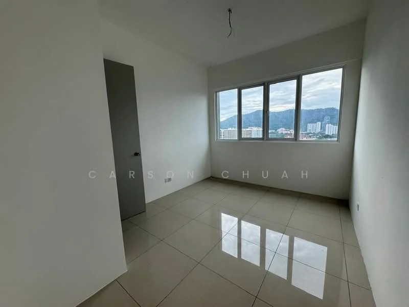 Room features: white painted walls, glossy ceramic tile flooring, floor-to-ceiling windows, mountain view, single door, no visible ceiling fixture; view: mountain.
