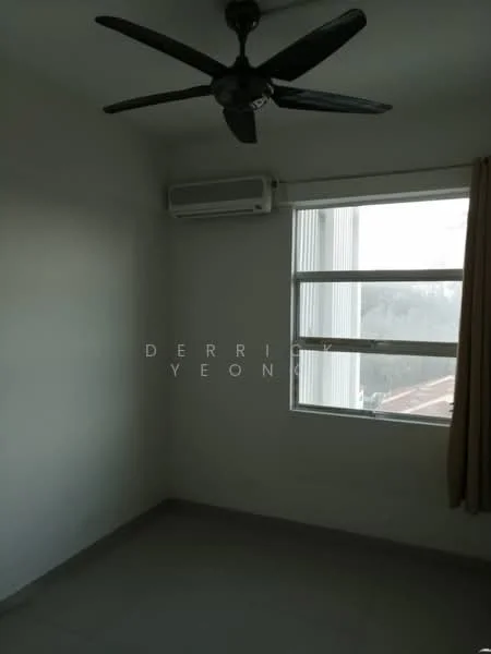 Room features: white painted walls, grey tiled flooring, 1 wall-mounted split AC, ceiling fan, floor-to-ceiling window, curtain, city view; view: city.