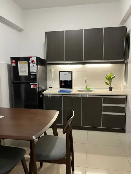 Kitchen features: dark wood cabinetry, white countertop, single-bowl stainless-steel sink, chrome pull-down faucet, built-in water dispenser, black refrigerator, dining table with four chairs, tile flooring, under-cabinet lighting, potted plant on countertop; style: modern.