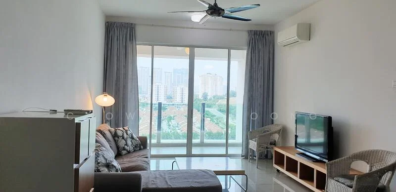 Living features: 3-seater fabric sofa with floral pattern, coffee table, TV console, wall-mounted TV, floor-to-ceiling windows, sliding glass door, curtains, ceiling fan with light, air conditioning unit, tile flooring, decorative wall art, area rug; style: modern; view: city.