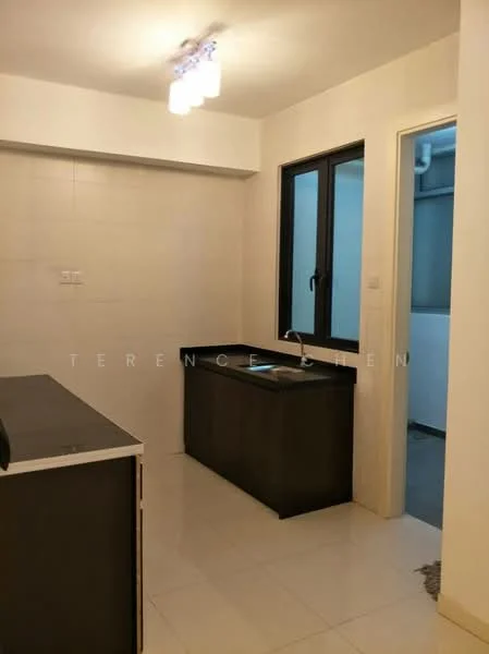 Kitchen features: white tiled walls, cream tiled flooring, dark wood cabinetry, single-bowl stainless-steel sink, chrome pull-down faucet, window with black frame, ceiling light fixture; style: modern.