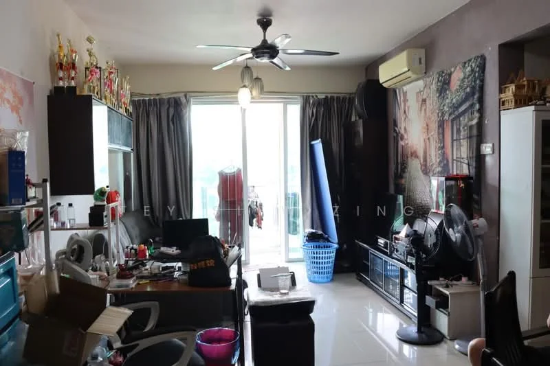 Living features: white painted walls, glossy tile flooring, 5-blade ceiling fan with light, floor-to-ceiling windows, sliding glass door, grey curtains, black entertainment unit, blue laundry basket, various trophies on display, decorative wall art, wall-mounted air conditioning unit, black sofa, coffee table, freestanding fan; style: modern.