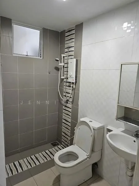 Bathroom features: white tiled walls, grey tiled accent wall, shower area with glass partition, wall-mounted shower head, toilet, sink with mirror, chrome faucet, white ceramic sink, tiled flooring, window for natural light, shower water heater; style: modern.