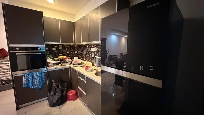 Kitchen features: black cabinetry, stainless-steel built-in oven, stainless-steel fridge, black countertop, single-bowl sink, chrome pull-down faucet, tile backsplash with graphic pattern, ceramic tile flooring, recessed lighting, open shelving, kitchen island, appliances visible on countertop; style: modern.