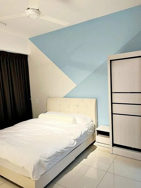 Bedroom features: queen-size bed with white bedding, upholstered headboard, white bed frame, white bedside table, built-in wardrobe with sliding doors, grey accent wall with blue geometric design, dark curtains, white tiled flooring, ceiling fan; style: modern.