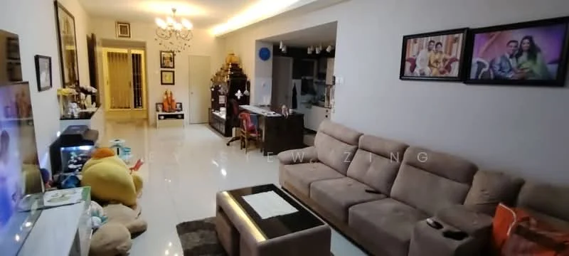 Living features: 3-seater fabric sofa in beige, coffee table with black surface, wall-mounted TV, decorative wall art, recessed ceiling lights, white painted walls, glossy tile flooring, area rug, decorative plants, dining table in background, open kitchen view, ceiling light fixture; style: modern.