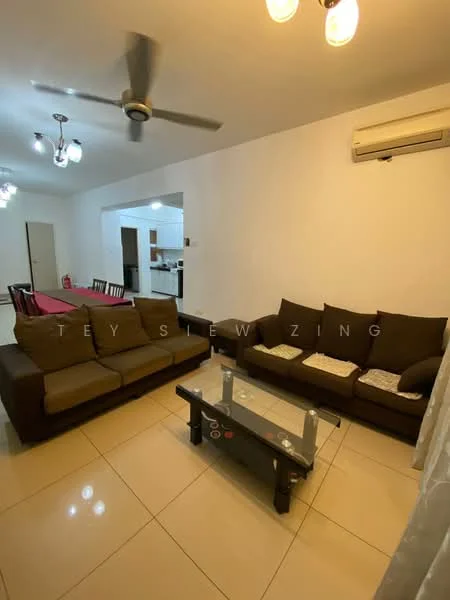 Living features: 3-seater fabric sofa in brown, 2-seater fabric sofa in brown, glass coffee table, ceiling fan, wall-mounted air conditioning unit, tile flooring, white painted walls, recessed ceiling lights, dining area visible in background; style: modern.