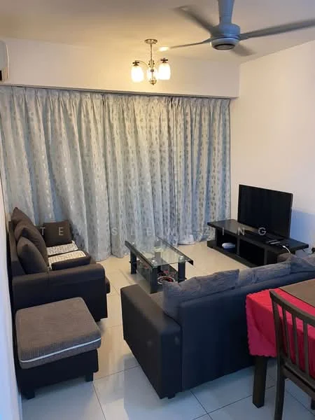 Living features: 3-seater fabric sofa in dark grey, 2-seater fabric sofa in dark grey, coffee table with glass top, TV console, wall-mounted TV, ceiling fan with light, curtains in light grey, white painted walls, tile flooring, area rug, dining table with wooden chairs; style: modern.