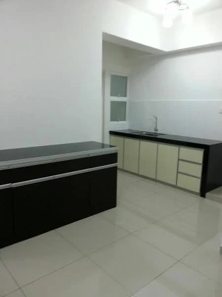 Kitchen features: black countertop, cream cabinetry, stainless-steel sink, chrome faucet, white tiled walls, glossy floor tiles, built-in cabinets, window with glass panes; style: modern.