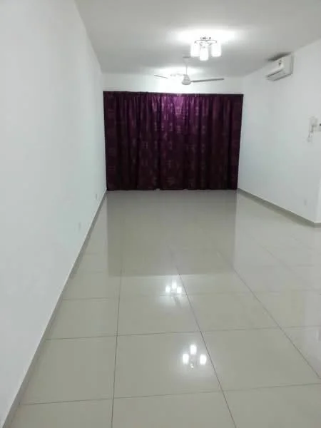 Living features: white painted walls, glossy ceramic tile flooring, 5-blade ceiling fan with light, recessed downlights, purple curtains, wall-mounted air conditioning unit; style: modern.