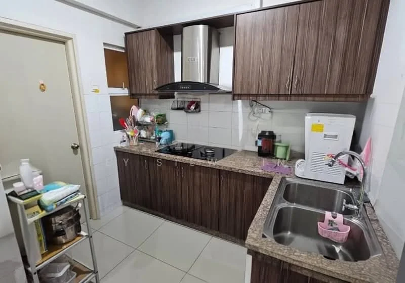Kitchen features: brown wooden cabinetry, granite countertop, double-bowl stainless-steel sink, chrome pull-down faucet, built-in stainless-steel range hood, 4-burner gas hob, white ceramic tile backsplash, white walls, floor tiles in light color, kitchen cart on wheels, microwave, kettle, toaster; style: modern.