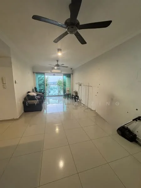 Living features: white painted walls, polished ceramic tile flooring, 2 ceiling fans, sliding glass door, floor-to-ceiling windows, natural light from windows, open layout, minimalist decor; style: modern; view: garden.