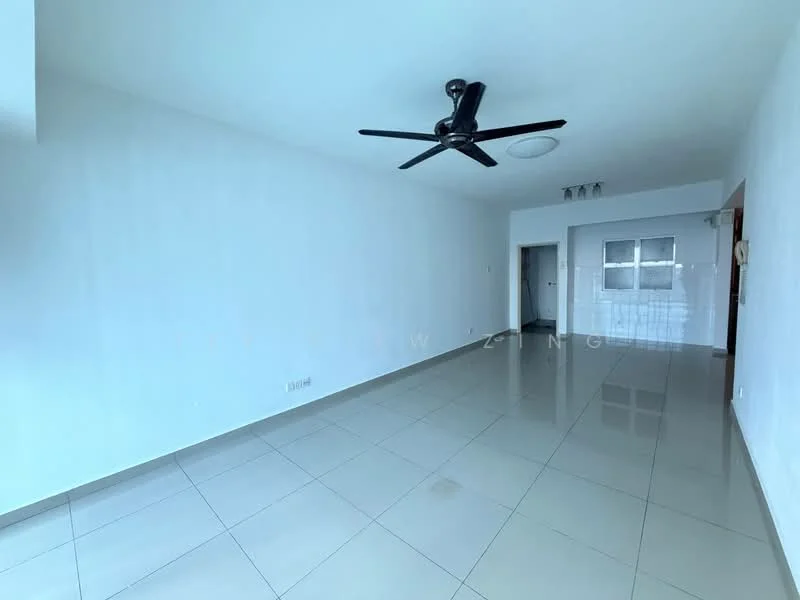 Living features: white painted walls, glossy ceramic tile flooring, 5-blade ceiling fan in black, recessed downlights, large window, open layout, neutral color scheme, no visible furniture; style: modern.