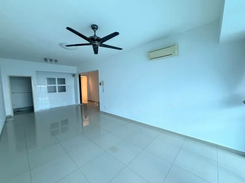 Living features: white painted walls, glossy ceramic tile flooring, 5-blade ceiling fan, wall-mounted split AC, recessed downlights, doorway leading to another room, large windows for natural light; style: modern.