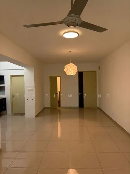 Living features: cream painted walls, glossy tile flooring, 5-blade ceiling fan with light, pendant lamp, doorway to adjacent rooms, neutral color scheme, recessed lighting, open layout; style: modern.