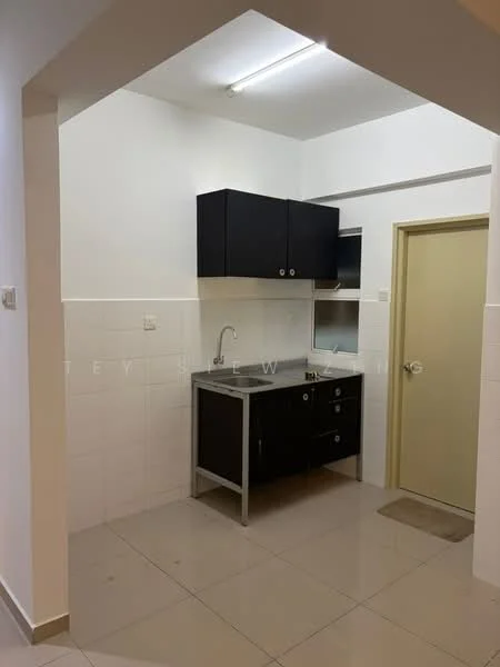Kitchen features: black cabinetry, stainless-steel sink, chrome faucet, white tiled backsplash, white tiled walls, light grey floor tiles, built-in countertop, single door leading to another room; style: modern.