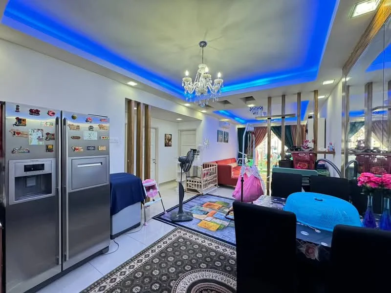 Living features: white painted walls, polished tile flooring, recessed downlights, chandelier, 5-blade ceiling fan with light, stainless-steel side-by-side fridge, black dining table with chairs, sofa, colorful area rug, decorative wall mirror, curtains, wall-mounted artwork; style: modern.