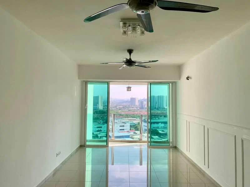 Living features: white painted walls, glossy tile flooring, 2 ceiling fans, floor-to-ceiling windows, sliding glass door, city view, recessed downlights, hanging light fixture; style: modern; view: city.