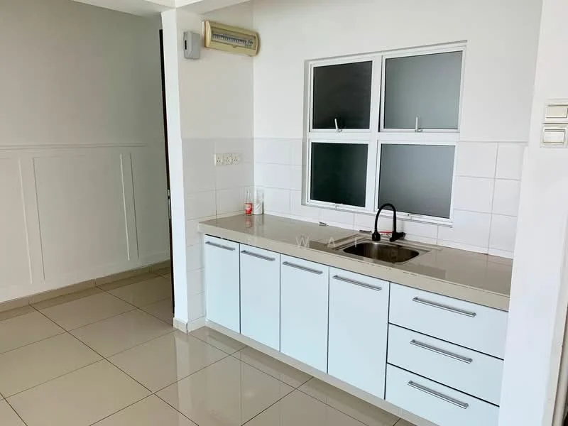 Kitchen features: white cabinetry, granite countertop, single-bowl stainless-steel sink, chrome pull-down faucet, white tiled backsplash, built-in oven, ceramic tile flooring, wall-mounted split AC, two windows, light switch, neutral wall colour, crown moulding; style: modern.