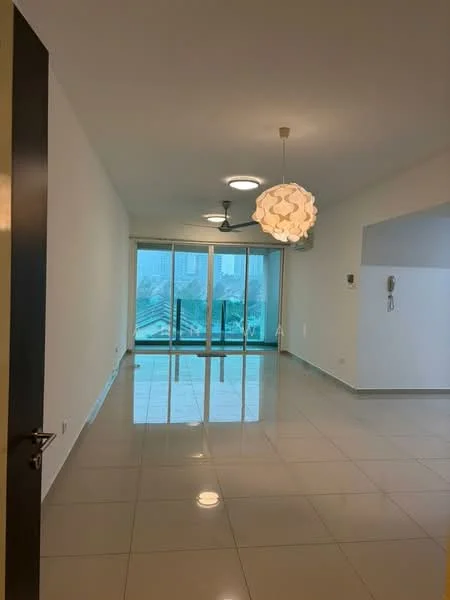 Living features: white painted walls, glossy ceramic tile flooring, 5-blade ceiling fan with light, pendant lamp, floor-to-ceiling windows, sliding glass door, city view, air conditioning unit, wall-mounted intercom, neutral color scheme; style: modern; view: city.
