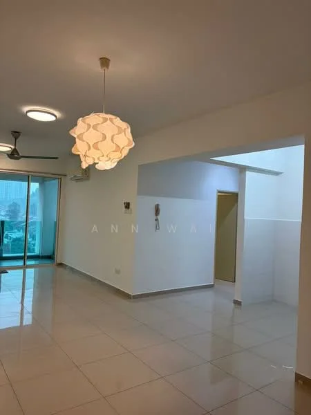 Living features: white painted walls, glossy ceramic tile flooring, ceiling fan, pendant light fixture, sliding glass door, floor-to-ceiling windows, natural light from windows, open layout; style: modern; view: city. Room features: white painted walls, doorway leading to another room, natural light from window.