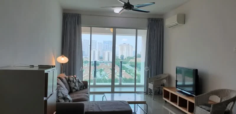 Living features: 3-seater fabric sofa in beige, coffee table, wall-mounted TV, TV console, floor-to-ceiling windows, sheer curtains, 5-blade ceiling fan with light, marble tile flooring, air conditioning unit, decorative lamp, area rug; style: modern; view: city.