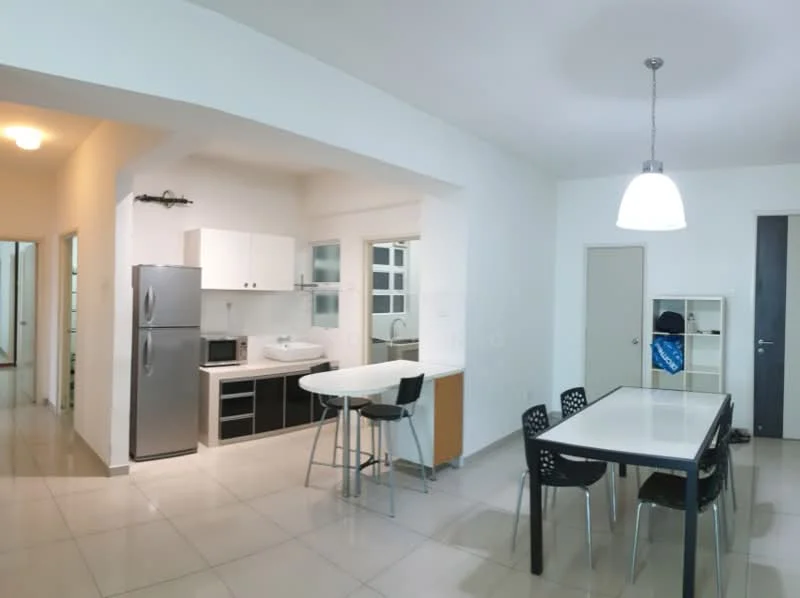 Kitchen features: white cabinets, black countertops, stainless-steel fridge, built-in microwave, freestanding range oven, single-bowl stainless-steel sink, chrome pull-down faucet, pendant light, tile flooring, open layout, breakfast bar with stools; style: modern. Dining features: white dining table, black dining chairs, tile flooring; style: modern.