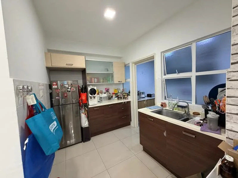 Kitchen features: stainless-steel fridge, wood cabinetry, glass upper cabinets, white countertop, double-bowl stainless-steel sink, chrome pull-down faucet, ceramic tile flooring, white painted walls, window with glass panes, kitchen appliances on countertop, magnetic knife holder, various kitchen utensils, decorative wall with stone cladding; style: modern.