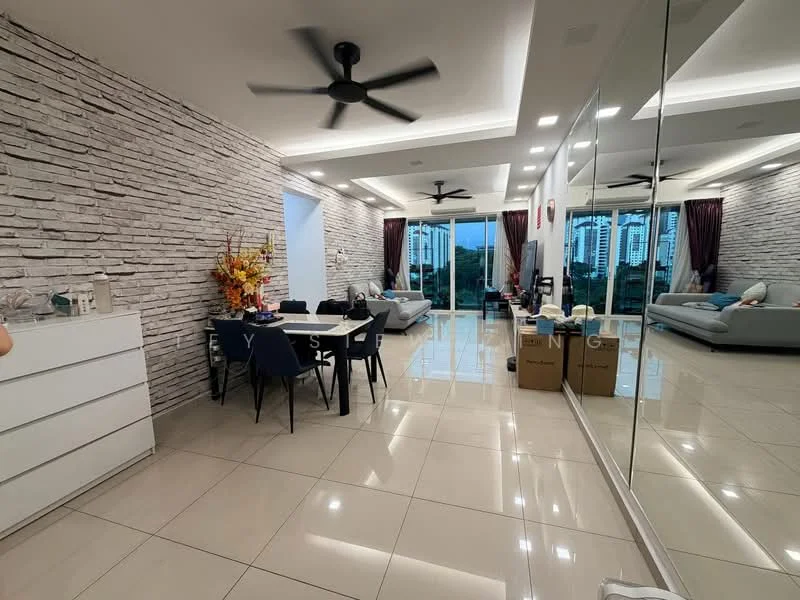 Living features: grey stone accent wall, white painted walls, polished ceramic tile flooring, 5-blade ceiling fan with light, floor-to-ceiling windows, sheer curtains, dark brown curtains, glass coffee table, light grey sectional sofa, dining table with black chairs, decorative flower arrangement, mirrored wall, cardboard boxes; style: modern; view: city.