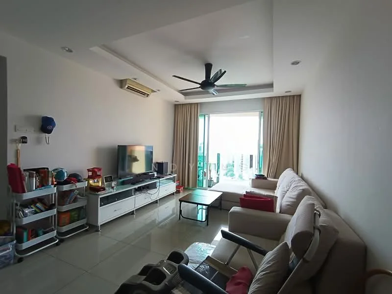 Living features: white painted walls, glossy tile flooring, 5-blade ceiling fan with light, sofa in beige, coffee table, TV console, wall-mounted TV, floor-to-ceiling windows, curtains, open shelving unit, decorative items on shelves; style: modern; view: garden.
