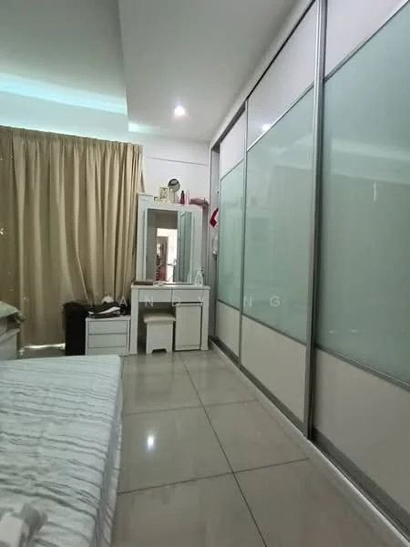 Bedroom features: queen-size bed, white bedding, glass sliding wardrobe, dressing table with mirror, white bedside table, beige curtains, tile flooring, recessed ceiling lights; style: modern.