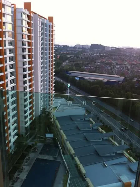 Exterior type: high-rise condominium; features: glass balcony railing, infinity pool, landscaped pool deck, surrounding greenery, city skyline view, adjacent road, multi-storey building, modern facade with orange accents; style: modern.