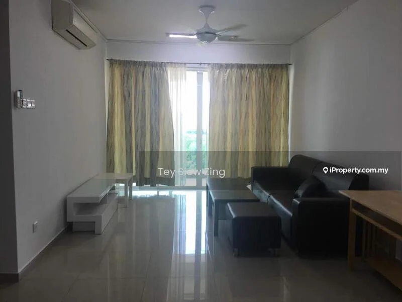 Living features: grey leather sofa, wooden coffee table, white TV console, floor-to-ceiling windows, sheer curtains, 5-blade ceiling fan with light, wall-mounted air conditioning unit, glossy tile flooring, neutral painted walls; style: modern.