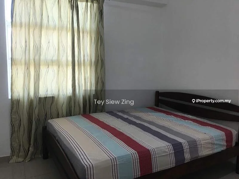 Bedroom features: queen-size bed, striped bedspread, wooden bed frame, floor-to-ceiling window, sheer curtains, white painted walls, tile flooring.