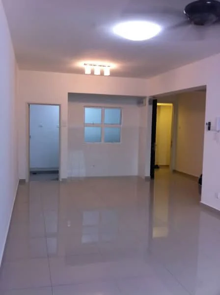 Living features: white painted walls, glossy tile flooring, ceiling light fixture, 5-blade ceiling fan, doorway to adjacent room, window with frosted glass, open layout, neutral color scheme; style: modern. Room features: doorway leading to bathroom, doorway leading to another room.