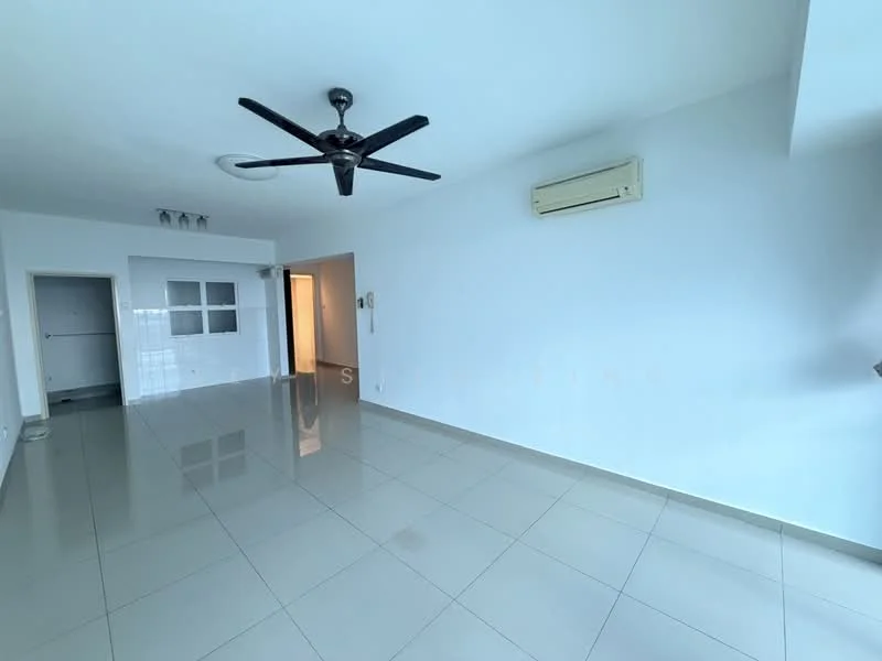 Living features: white painted walls, glossy ceramic tile flooring, 5-blade ceiling fan, wall-mounted split AC, recessed downlights, doorway to adjacent room, large windows for natural light, open layout; style: modern.