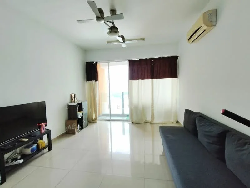 Living features: grey fabric sofa, black TV console, wall-mounted TV, floor-to-ceiling sliding glass door, sheer curtains, blackout curtains, 2-blade ceiling fan, wall-mounted split AC, white painted walls, glossy tile flooring; style: modern; view: city.