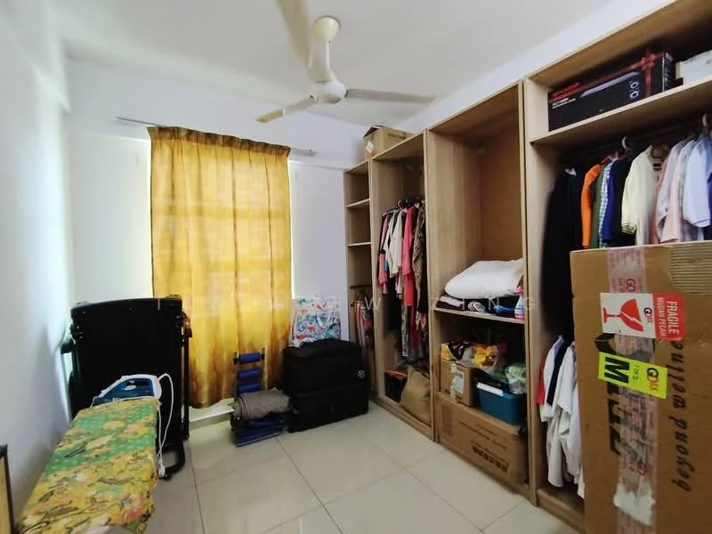 Bedroom features: cream painted walls, white ceiling, floor-to-ceiling window with sheer curtains, 5-blade ceiling fan, built-in wardrobe with open shelving, built-in wardrobe with hanging space, tile flooring, decorative wall art, folding chair, luggage bags, storage boxes.