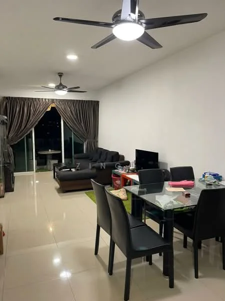 Living features: 3-seater fabric sofa in dark grey, 2 ceiling fans, wall-mounted TV, glass dining table with 6 black chairs, sliding glass door leading to balcony, curtains in dark grey, tile flooring, recessed ceiling lights, green area rug; style: modern; view: city.