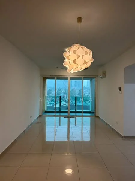 Living features: white painted walls, glossy ceramic tile flooring, 5-blade ceiling fan, pendant light fixture, floor-to-ceiling windows, sliding glass door, curtains, air conditioning unit; style: modern; view: city.