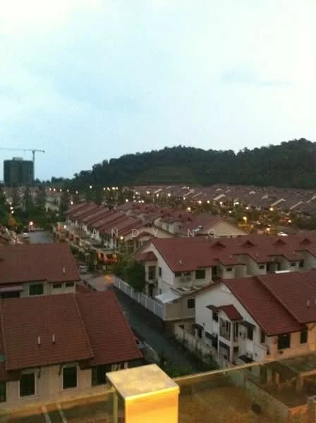 Exterior type: linked terrace house; features: red tiled roof, two-storey houses, manicured lawns, street lighting, surrounded by greenery, mountain view in background; style: modern.
